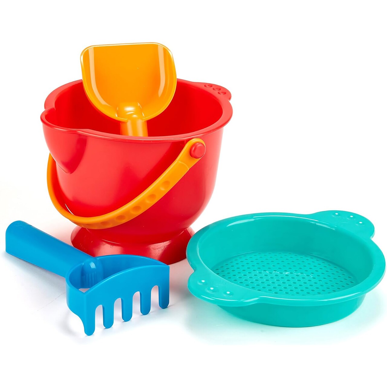 Hape: Beach Basics - 4pc Playset Includes Bucket Sifter, Rake & Shovel Toys, Water-Bath-Garden-Snow-Sand, Colorful Set, Kids & Toddler Ages 18mo+